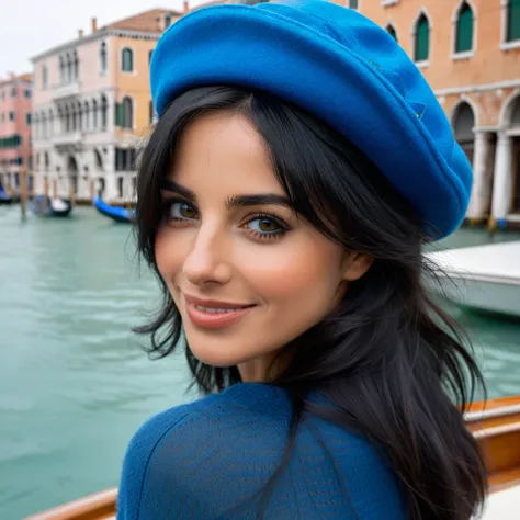 
ultra detailed masterpiece, Italian woman, mid-length black hair, black eyes, intense and seductive gaze, shy smile, wears a blue hat, on a boat in Venice