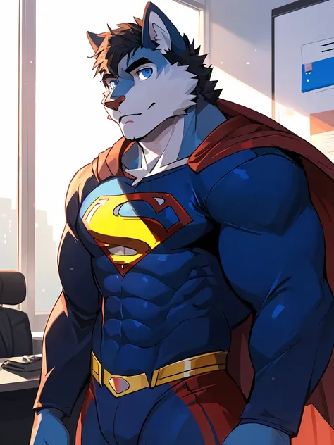 masterpiece, best quality, 8k resolution, Very detailed, hairy，Husky，(Black cat hair)，(((Blue fur)))，(((Blue eyes)))，Strong，Domineering face，(((Superman suit)))，(((sock))，(((For the audience)))，Highest quality scene，(((Solitary)))，solitary，Upright，full-bod...