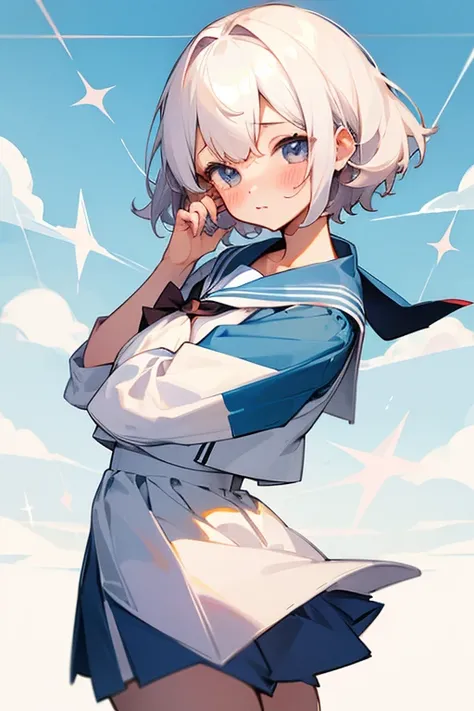 Short white hair, blush, high school student、Sailor suit、Headbang 2.、cute、Beautiful woman、