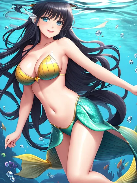 1girl, dark girl, mermaid, mermaid tail below waistline, long hair, black hair, blue eyes, red lips, pink eyeshadow, smile, blush, happy face, full body, large breasts, mature female, underwater, yellow mermaid tail,