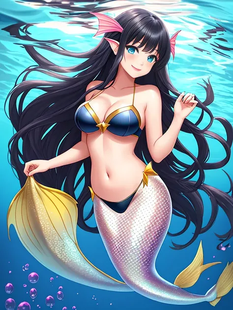 1girl, dark girl, mermaid, mermaid tail below waistline, long hair, black hair, blue eyes, red lips, pink eyeshadow, smile, blush, happy face, full body, large breasts, mature female, underwater, yellow mermaid tail,