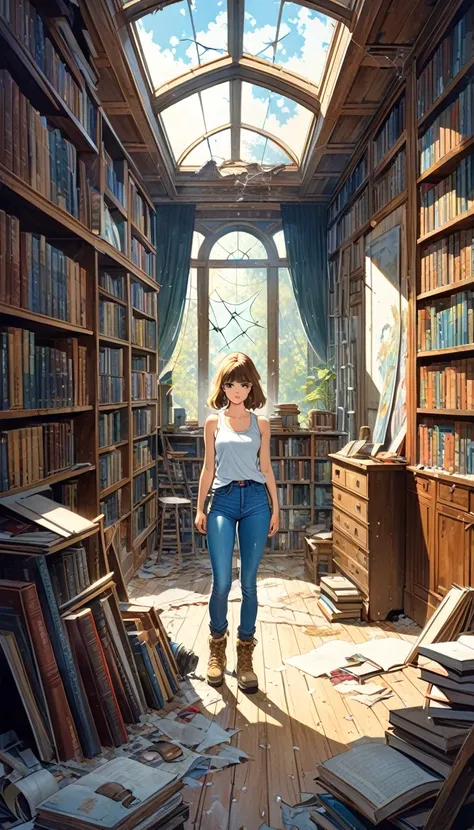 great view of an abandoned library, in it a pretty girl, explorer, exploring a large library room in an abandoned house, jeans and tank top, hiking boots, all old and full of dust and cobwebs, 80s, large library , lots of details (art inspired by Bill Sien...