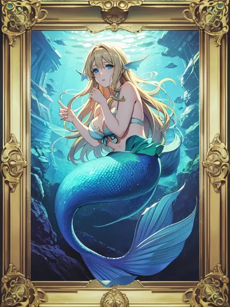 violet evergarden, mermaid, underwater, masterpiece, best quality, 1girl, solo, blonde hair, long hair blue eyes, large breasts, bra, looking at viewer, green mermaid tail,