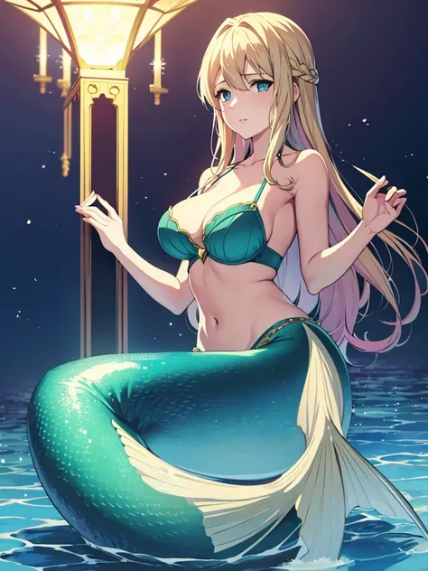 violet evergarden, mermaid, underwater, masterpiece, best quality, 1girl, solo, blonde hair, long hair blue eyes, large breasts, bra, looking at viewer, green mermaid tail,