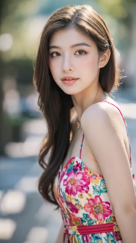 ((Best quality, 8K, masterpiece:1.3))，1girl，18 years old，Asian，Real texture:1.3，(Background blur:1.1)，Gorgeous long dress，Tall and slender figure:1.2，(Hot summer weather)，（street:1.3），Highly detailed face and skin textures，Exquisite eyes，Long eyelashes，Dou...