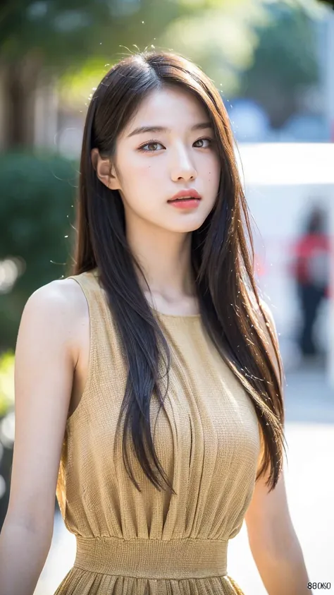 ((Best quality, 8K, masterpiece:1.3))，1girl，18 years old，Asian，Real texture:1.3，(Background blur:1.3)，Gorgeous long dress，Tall and slender figure:1.2，(Hot summer weather)，（street:1.3），Highly detailed face and skin textures，Exquisite eyes，Long eyelashes，Dou...