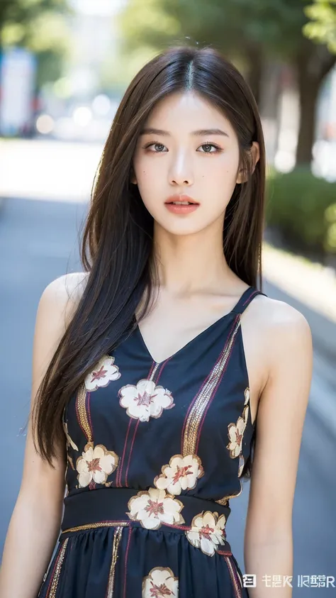 ((Best quality, 8K, masterpiece:1.3))，1girl，18 years old，Asian，Real texture:1.3，(Background blur:1.3)，Gorgeous long dress，Tall and slender figure:1.2，(Hot summer weather)，（street:1.3），Highly detailed face and skin textures，Exquisite eyes，Long eyelashes，Dou...