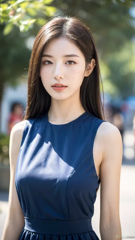 ((Best quality, 8K, masterpiece:1.3))，1girl，18 years old，Asian，Real texture:1.3，(Background blur:1.3)，Gorgeous long dress，Tall and slender figure:1.2，(Hot summer weather)，（street:1.3），Highly detailed face and skin textures，Exquisite eyes，Long eyelashes，Dou...