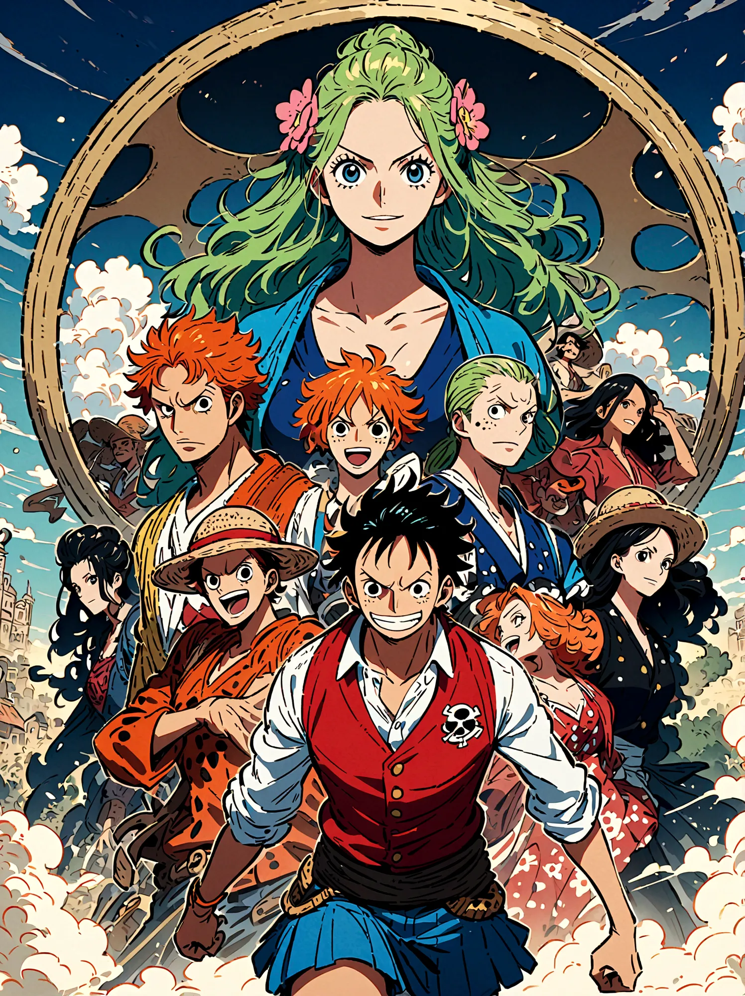 Japanese anime One Piece, Create an expansive illustration reminiscent of a popular action-adventure anime series. It should feature a diverse group of daring explorers. Each character is unique in their own way. One is a lanky man with spiky black hair, w...