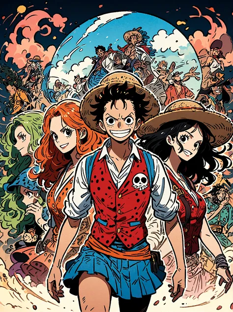 japanese anime one piece, create an expansive illustration reminiscent of a popular action-adventure anime series. it should fea...