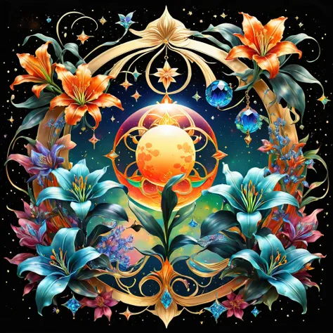 a deep black cosmic backdropStars Planets Suns and Moons Colorful paint splash Beautiful glow vector graphic design featuring intricate and complex symbols with the ethereal beauty of a celestial palace known as the Galactic Citadel, banhado em luz brilhan...