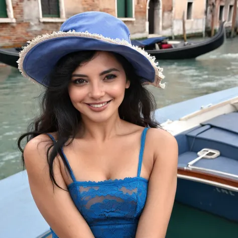 ultra detailed masterpiece, Italian woman, mid-length black hair, black eyes, intense and seductive gaze, shy smile, small fluff of mustache, wears a blue hat, on a boat in Venice