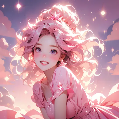 Pink fantasy background，Pink clouds surrounding，Star，Pentagram，Lucky girl，Pink background as the main body，Hair smoothness，Hair with softness，Warmth，optimistic and cheerful ，A positive smile，happiness。