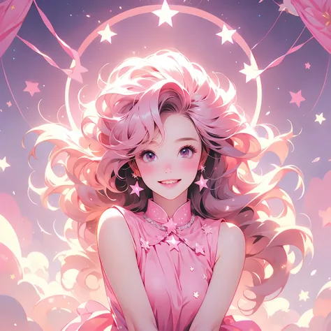 Pink fantasy background，Pink clouds surrounding，Star，Pentagram，Lucky girl，Pink background as the main body，Hair smoothness，Hair with softness，Warmth，optimistic and cheerful ，A positive smile，happiness。