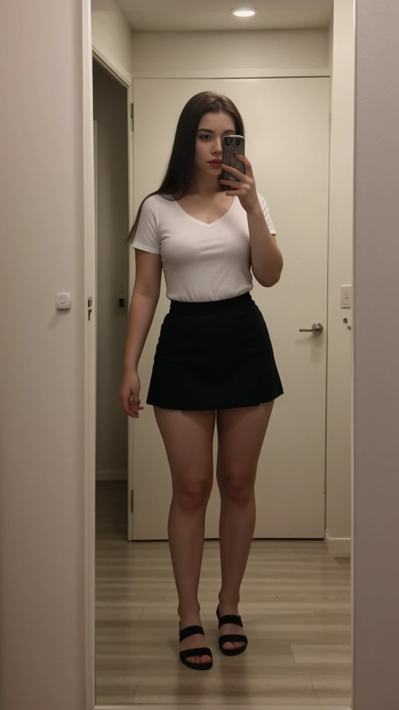 RAW photo, photo of 15 year old teen, (long brunette hair), short skirt, cotton v neck shirt, standing indoors, mirror selfie, pale white skin, freckles, blemishes, lipstick, ((short height, broad shoulders, wide hips and waist)), ((chubby:1.3)), pawg, thi...