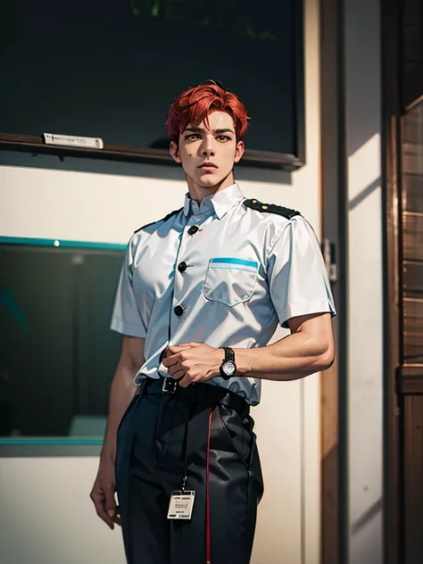 a 35 year old man ((red short hair)), grey eyes, moles all over the body, wearing an official uniform, portrayal of masculinity, teacher, medic, (best quality,4k,8k,highres,masterpiece:1.2),ultra-detailed,(realistic,photorealistic,photo-realistic:1.37),cin...