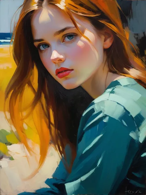 Create an evocative oil painting inspired by Malcolm Liepke, based on the provided image. Capture the intense, introspective expression of the young subject using thick, expressive brushstrokes and a muted color palette. Highlight the emotional depth and v...