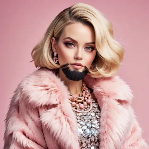 lovely bearded woman, blonde hair Voluminous Bob Lob, wears pink fur coat bling bling