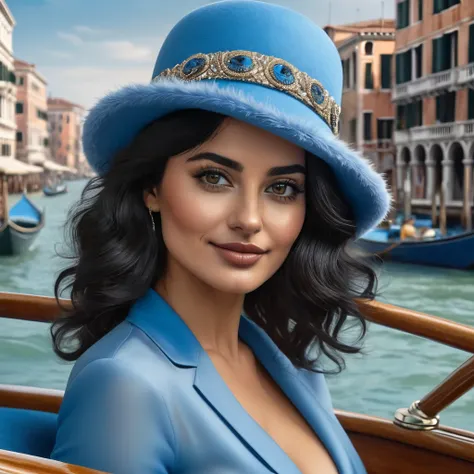 ultra detailed masterpiece, Italian woman, mid-length black hair, black eyes, intense and seductive gaze, shy smile, small fluff of mustache, wears a blue hat, on a boat in Venice