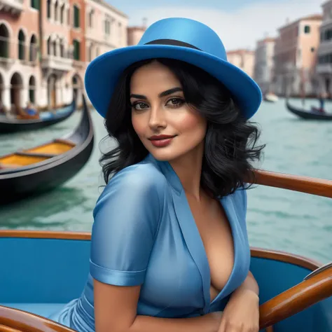 ultra detailed masterpiece, Italian woman, mid-length black hair, black eyes, intense and seductive gaze, shy smile, small fluff of mustache, wears a blue hat, on a boat in Venice