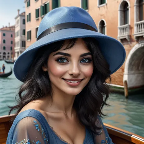 ultra detailed masterpiece, Italian woman, mid-length black hair, black eyes, intense and seductive gaze, shy smile, small fluff of mustache, wears a blue hat, on a boat in Venice