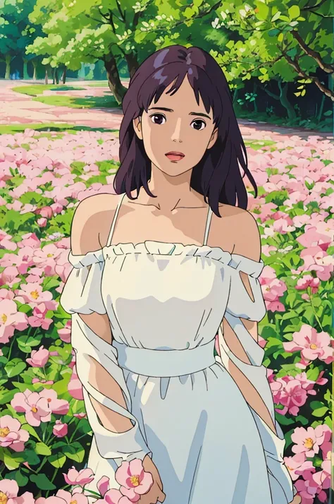 a woman in a white dress poses for a photo, beautiful latin face, ghibli style, ((masterpiece)),((best quality)),(detailed),illu...