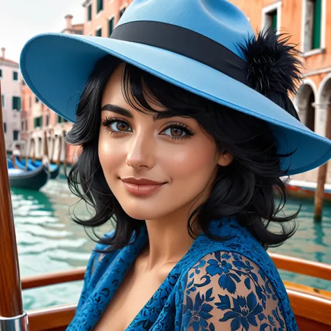 ultra detailed masterpiece, Italian woman, mid-length black hair, black eyes, intense and seductive gaze, shy smile, small fluff of mustache, wears a blue hat, on a boat in Venice