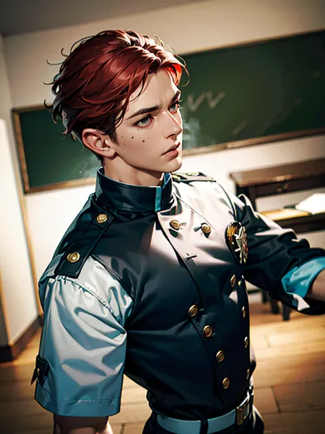 a 35 year old man ((red short hair)), grey eyes, moles all over the body, wearing an official uniform, portrayal of masculinity, teacher, medic, (best quality,4k,8k,highres,masterpiece:1.2),ultra-detailed,(realistic,photorealistic,photo-realistic:1.37),cin...