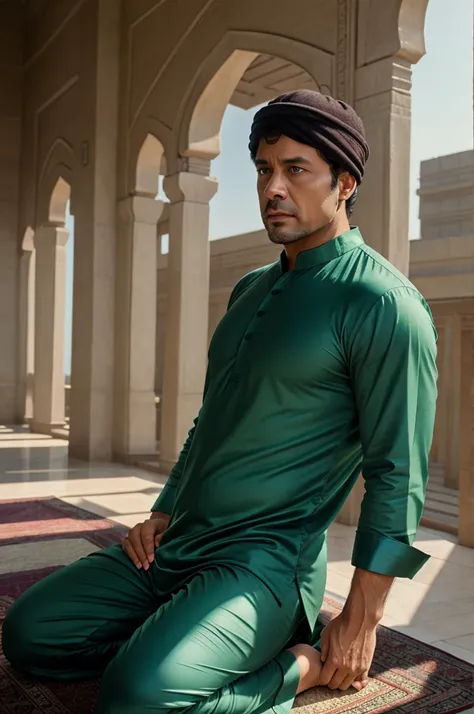 Bruce banner in kurta pajama with Muslim namaz cap outside of masque 