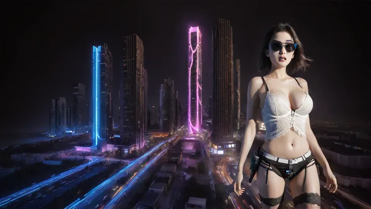 UE 5, computer render, Rendered by Octane, (8K, tmasterpiece), (realistically, Photo degree:1) luminescent concept art, (((((aerial view))))) of Cyberpunk city scene, ((Surreal circuit architecture)), (((((supercars street racing, 1 drone))))). Matrix styl...