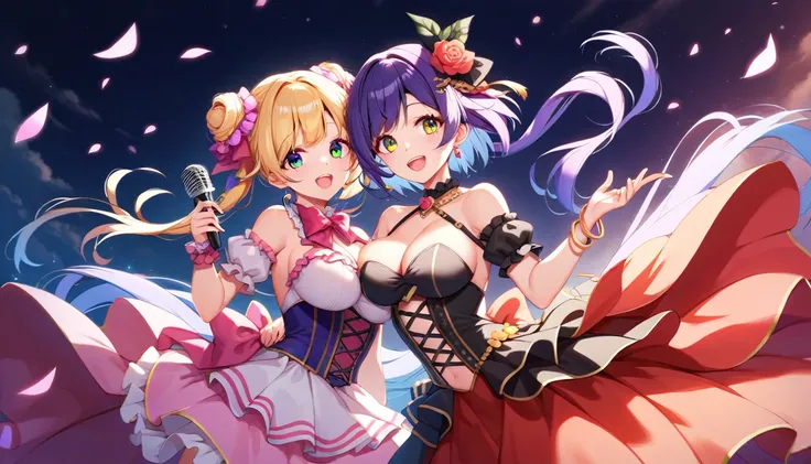 two girls singing a duet, ((2girls:1.3)), ((moe style:1.3)), ((idol outfit:1.3)), microphone, dancing, singing, cuddling, ((large breasts:1.3)), ((centerfold:1.3)), ((extremely feminine:1.3)), perfect hands, ((perfect face)), ((extremely cute:1.3)), ((mast...