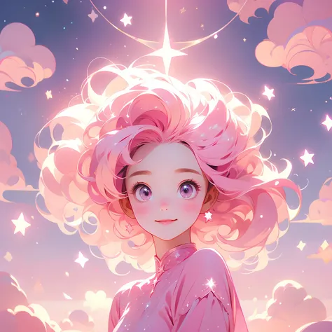 Pink fantasy background，Pink clouds surrounding，Star，Pentagram，Lucky girl，Pixar style，Pink background as the main body，Hair smoothness，Hair with softness，Warmth，optimistic and cheerful ，Motivated，happiness。