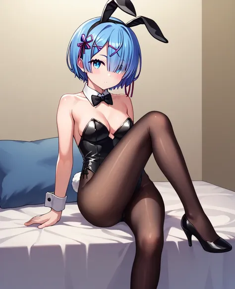  score_9_up, score_8_up, score_7_up, source_anime,high resolution,ultra sharp image, rem, blue eyes, blue hair, hair ornament, hair over one eye, hair ribbon, short hair, x hair ornament, fake bunny ears, high legs leotard,black bunnysuit, bunny tail, deta...