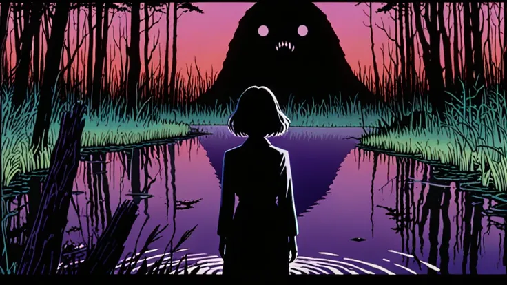 llust、art、from 80s horror movie, directed by Junji Ito、in the forest、A woman with a scared expression、The silhouette of a giant creature emerges from the surface of the stagnant pond.、Overaction、Overreaction、high detail, realsitic shadow、Analog style, vhs ...