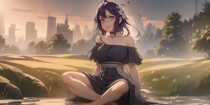 MC, ahoge, (long hari, purple hair:1.3), hair ornament, dark-blue eyes, breasts, epic art, fantasy, 1girl, grass, solo, barefoot, sitting, breasts, mountain, sunset, dress, bare_shoulders, outdoors, looking_at_viewer, off_shoulder, field, sky, lake, collar...