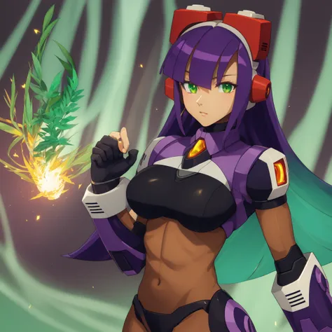 layer_megamanx, 1girl, solo, long hair, purple hair, green eyes, blunt bangs, hair over eyes, large breasts, dark skin, dark-skinned female, android, underboob, robot ears, high quality, masterpiece, standing with green flames coming from a tree