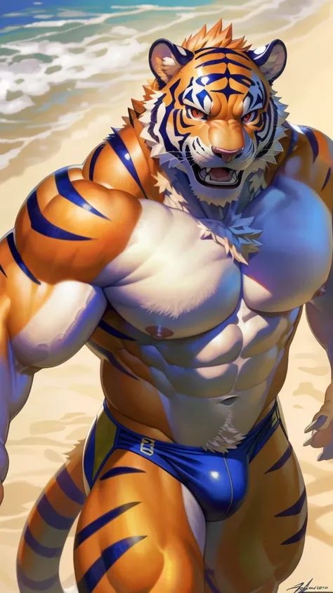 solo,anthro,furry,furry male,Orange Tiger,((fluffy fur,fluffy,furry body)),Tiger), Orange body,red eyes,black ,tail,detailed fluffy fur,detailed face,detailed eyes, big chest, big abs, (huge pectorals:1.2),bare chest,(nipples),full body,speedos,dynamic pos...