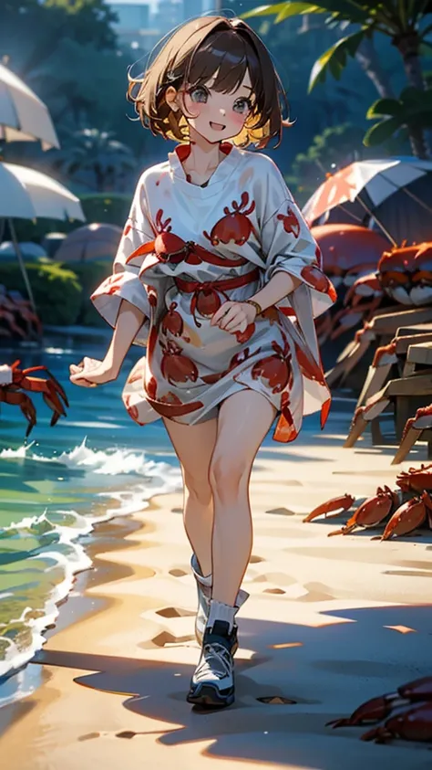 (Cute girl wearing crab-print clothes）(Walking with crabs）