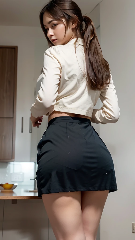 School girl with an attractive figure, wearing a fitted uniform that reveals a long, sleek ponytail. Her back is turned towards the viewer, showcasing the allure of her toned physique. The square mini skirt of her uniform accentuates her shapely legs, and ...