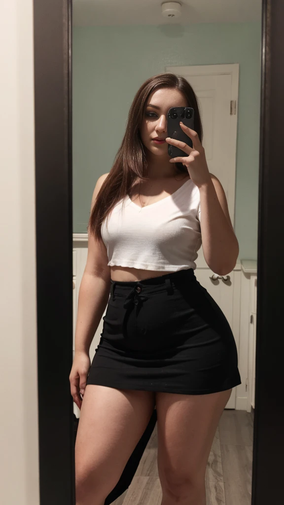 RAW photo, photo of 25 year old, (long brunette hair), short skirt, cotton v neck shirt, standing indoors, mirror selfie, dark skin, blemishes, lipstick, ((short height, broad shoulders, wide hips and waist)), ((chubby:1.3)), pawg, thicc