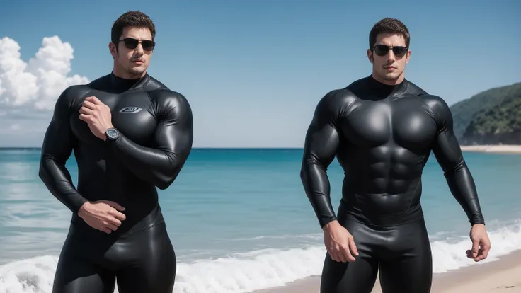 Super muscular man hugging,  They wear sunglasses，Deep gaze kiss，They embrace affectionately，short hair，Beach under the scorching sun, Wear a dark grey high collared long sleeve tight wetsuit, Shark skin texture，Beach by the sea，beautiful landscape，The exp...