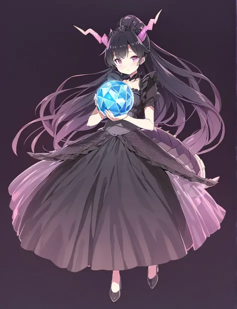 A woman in a black maid outfit　black hair very long hair、Updo　Have a big crystal ball　Princess hairstyle　Full body black　Adult woman with dragon horns and tail