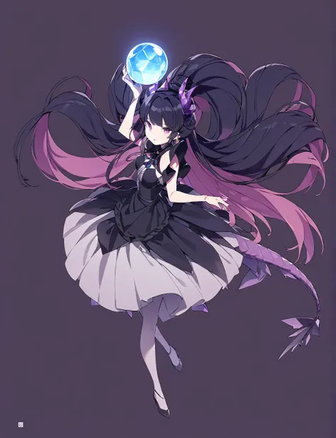 A woman in a black maid outfit　black hair very long hair、Updo　Have a big crystal ball　Princess hairstyle　Full body black　Adult woman with dragon horns and tail