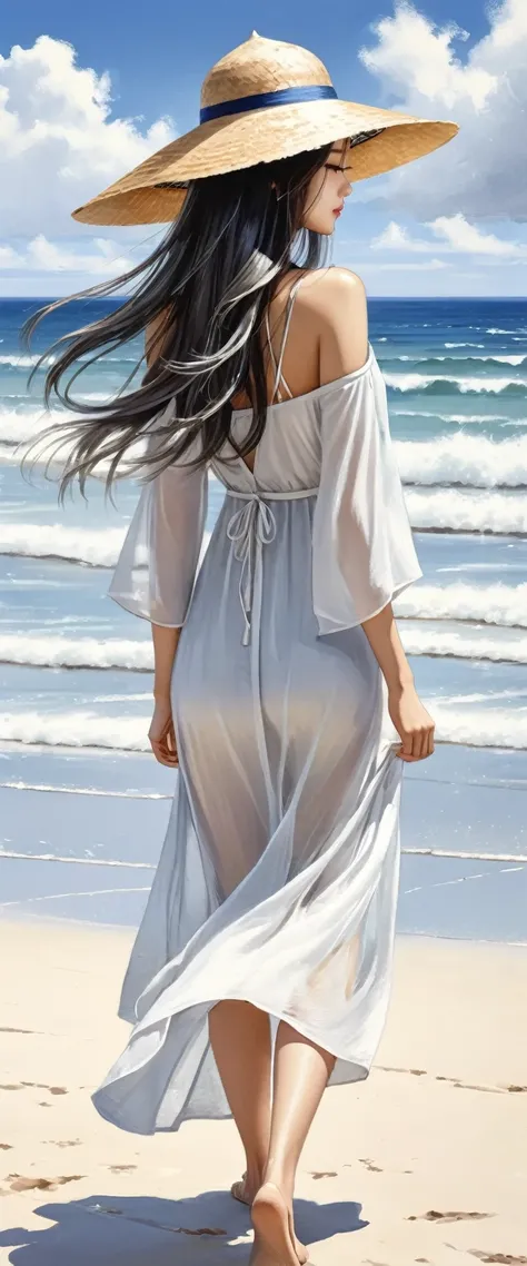 Transparent needle pen ink painting of fine white sand beach，An oriental girl with flying long hair，Fair and delicate skin.Silvery gray highlighted hair color.long hair，Fashionable straw hat with sunshade.Show most of your face.Real person presents minimal...