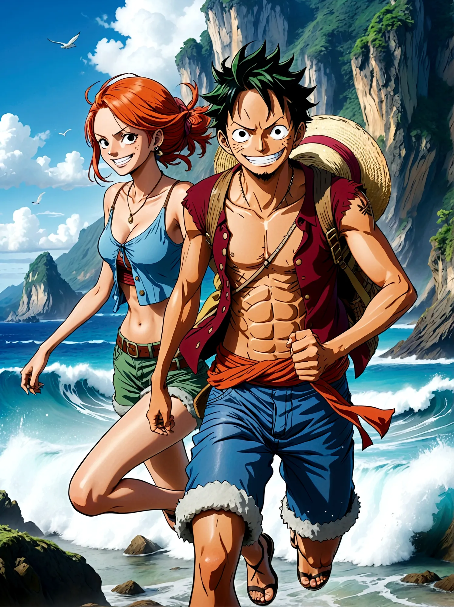 japanese anime one piece, create an expansive illustration reminiscent of a popular action-adventure anime series. it should fea...