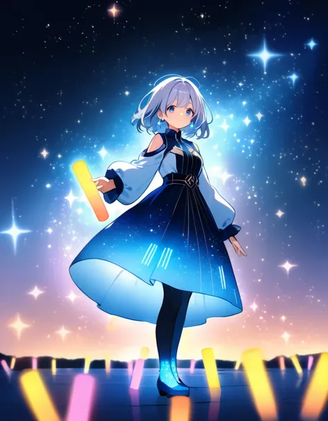 ((((Ethereal atmosphere, starry sky))), 1girl, singing, (standing pose), ((celestial clothing)), (silver hair), (glowing blue circuits), (long sleeves), (glowstick), (tiny stars around head), (starry background), (cosmic lights in the sky), (sparkling blue...