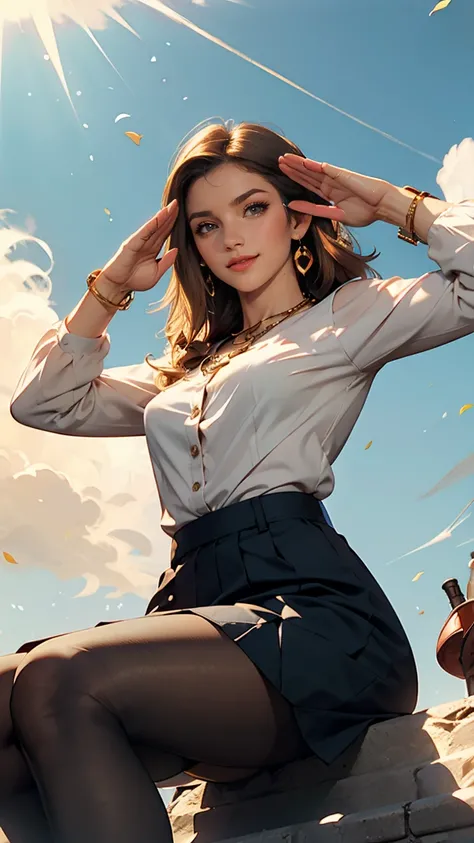 White long sleeve button up blouse_With collar_Remove up to the second button＿Brown pleated mini skirt、Long straight hair_Hair reaching down to the waist、gold necklace＿Large earrings、shy smile、sitting with her back to the top of the mountain_with blue sky ...