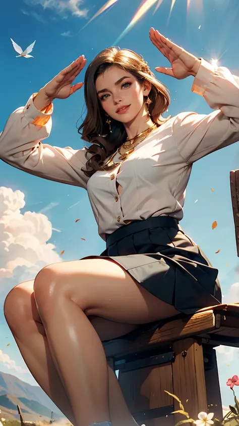 White long sleeve button up blouse_With collar_Remove up to the second button＿Brown pleated mini skirt、Long straight hair_Hair reaching down to the waist、gold necklace＿Large earrings、shy smile、sitting with her back to the top of the mountain_with blue sky ...