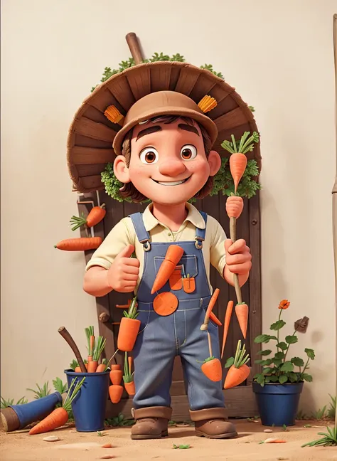 The gardener dressed in overalls who holds a rake and carrots in one hand and has a thumbs up in the other hand