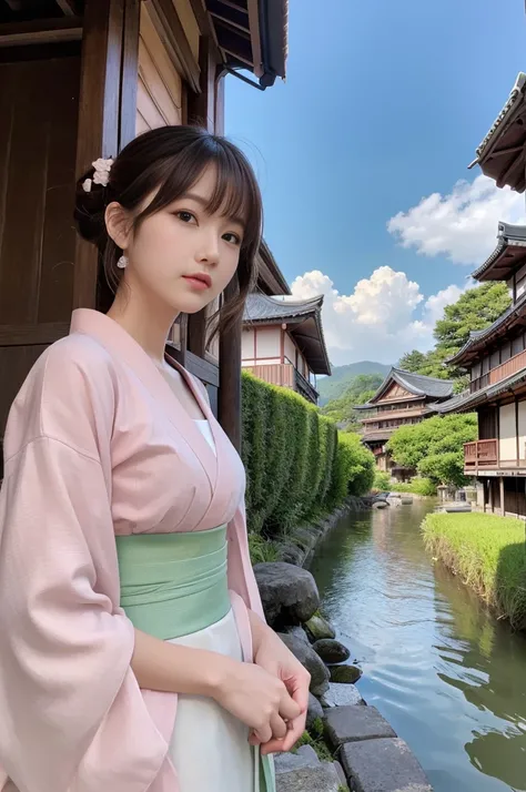 Japanese women、26 years old、princess、Hairpin、Bun Head、Pink kimono、Brown Hair、bangs、(RAW shooting, Photorealistic:1.5, 8k, highest quality, masterpiece, Ultra-high resolution), ((The background is the streetscape of the Edo period.、Old house、River side、))、F...